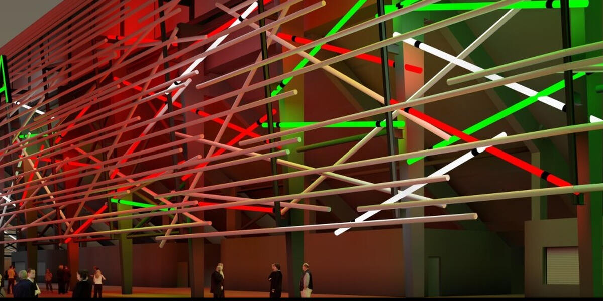 Schönes gelbes Licht an Heiligabend über Augsburg durch Beleuchtung der WWK-Arena